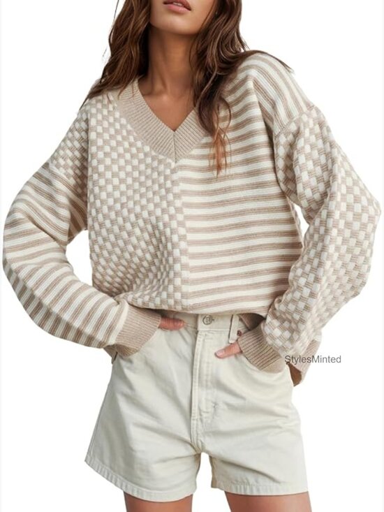 Sweaters - Women V Neck Striped Knit Pullover Sweater Trendy Casual
